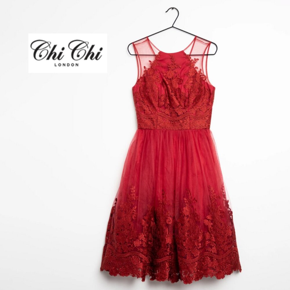 Chi Chi London Red Lace Midi Dress